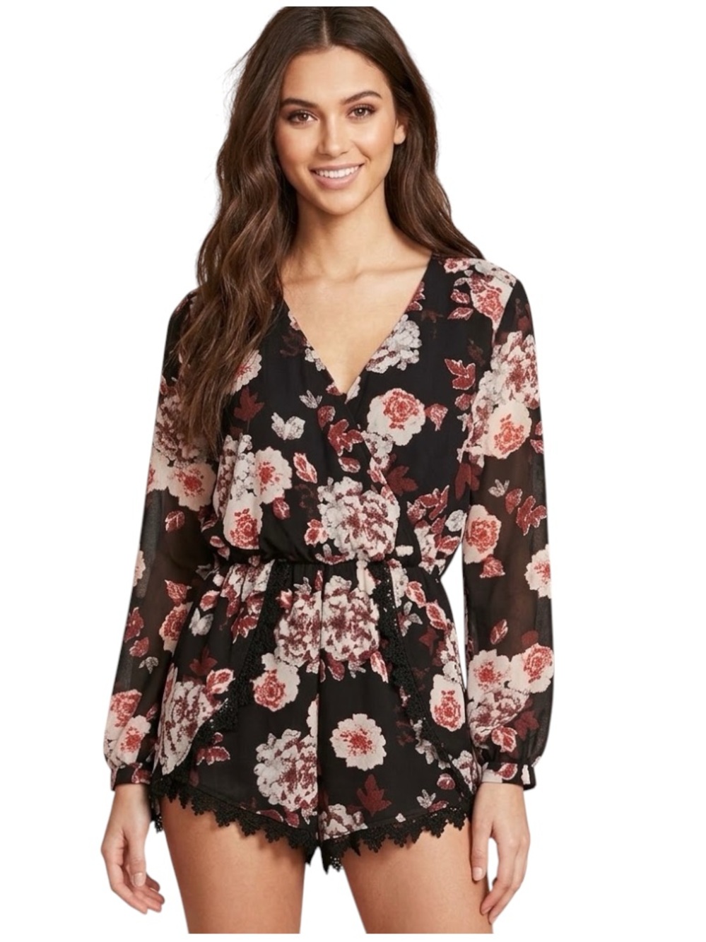 ASTR The Label Black Floral Long Sleeve Romper